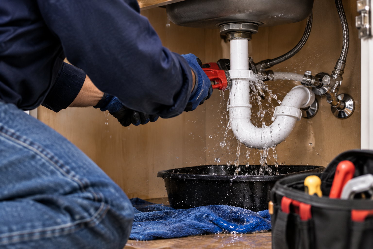 Emergency plumbing crew responding to a pipe burst
